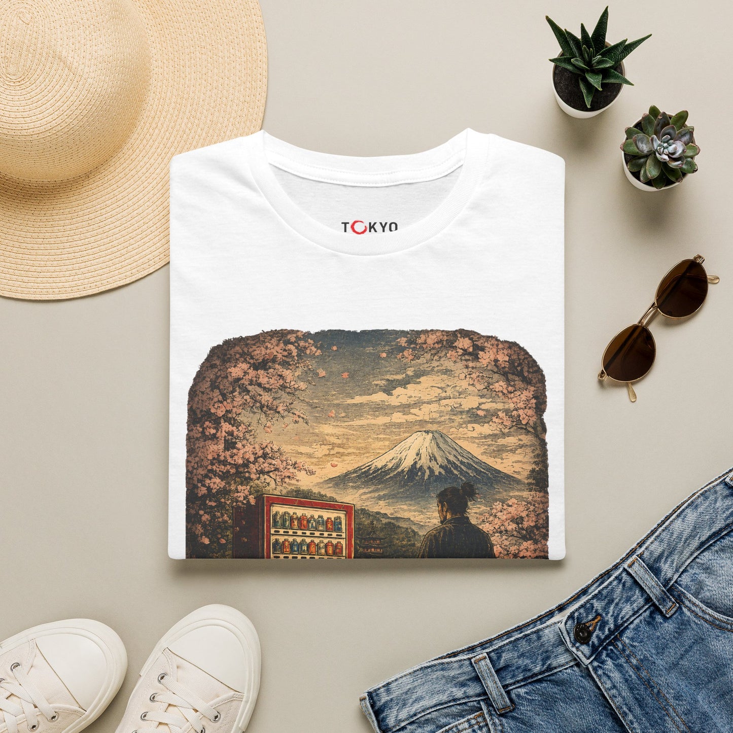 T-Shirt — Vintage Japan Scene: Mount Fuji, Sakura & Vending Machine Graphic