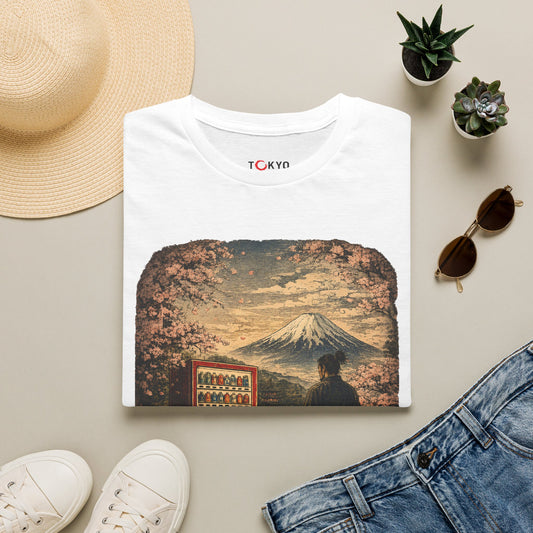 T-Shirt — Vintage Japan Scene: Mount Fuji, Sakura & Vending Machine Graphic