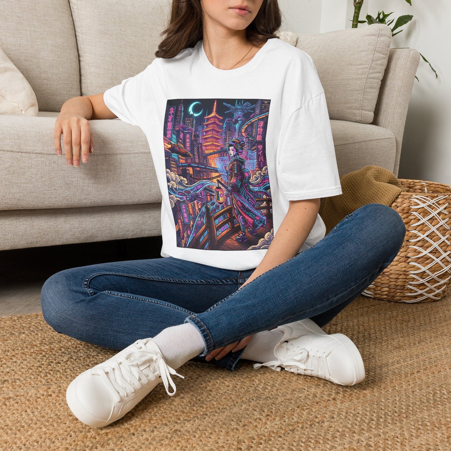 Tokyo Cyberpunk Geisha T-Shirt — Neon City Nightscape Tee