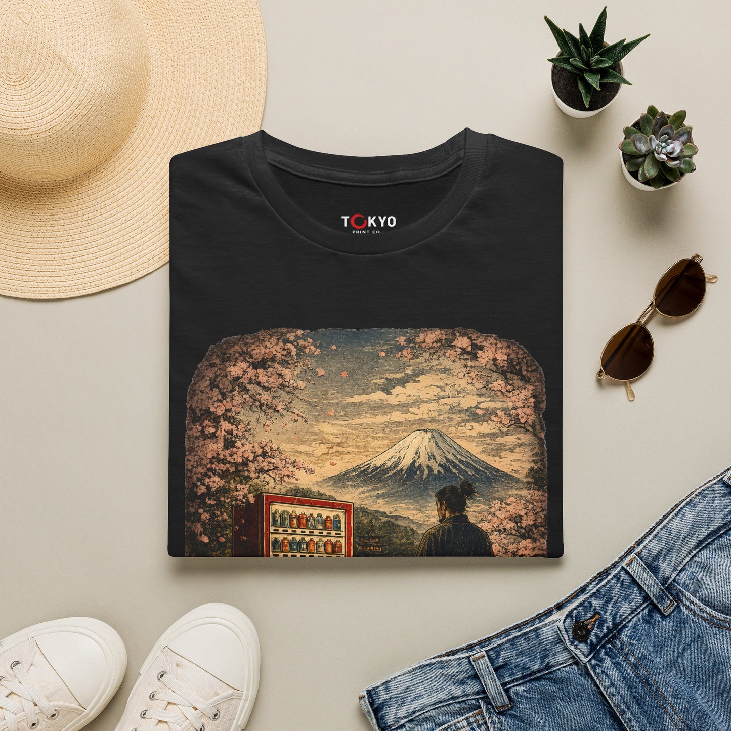 T-Shirt — Vintage Japan Scene: Mount Fuji, Sakura & Vending Machine Graphic