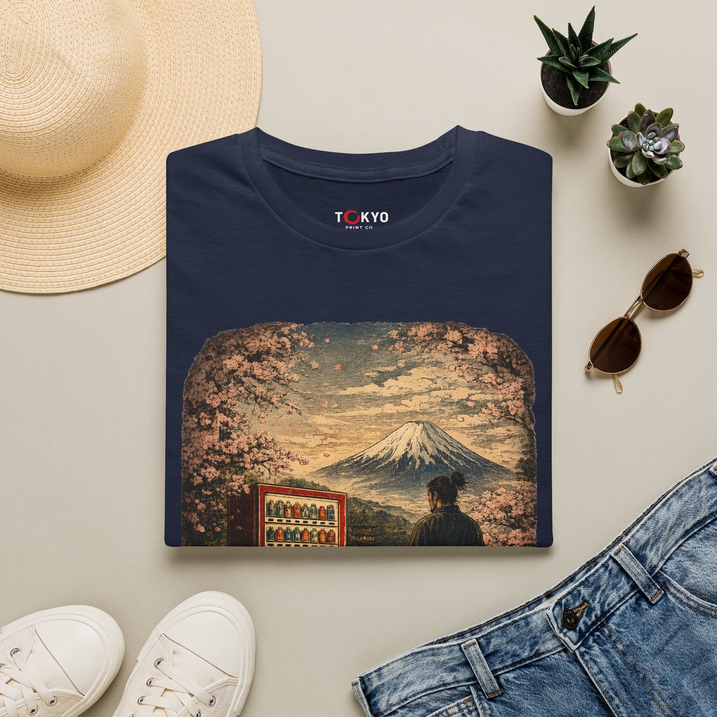 T-Shirt — Vintage Japan Scene: Mount Fuji, Sakura & Vending Machine Graphic