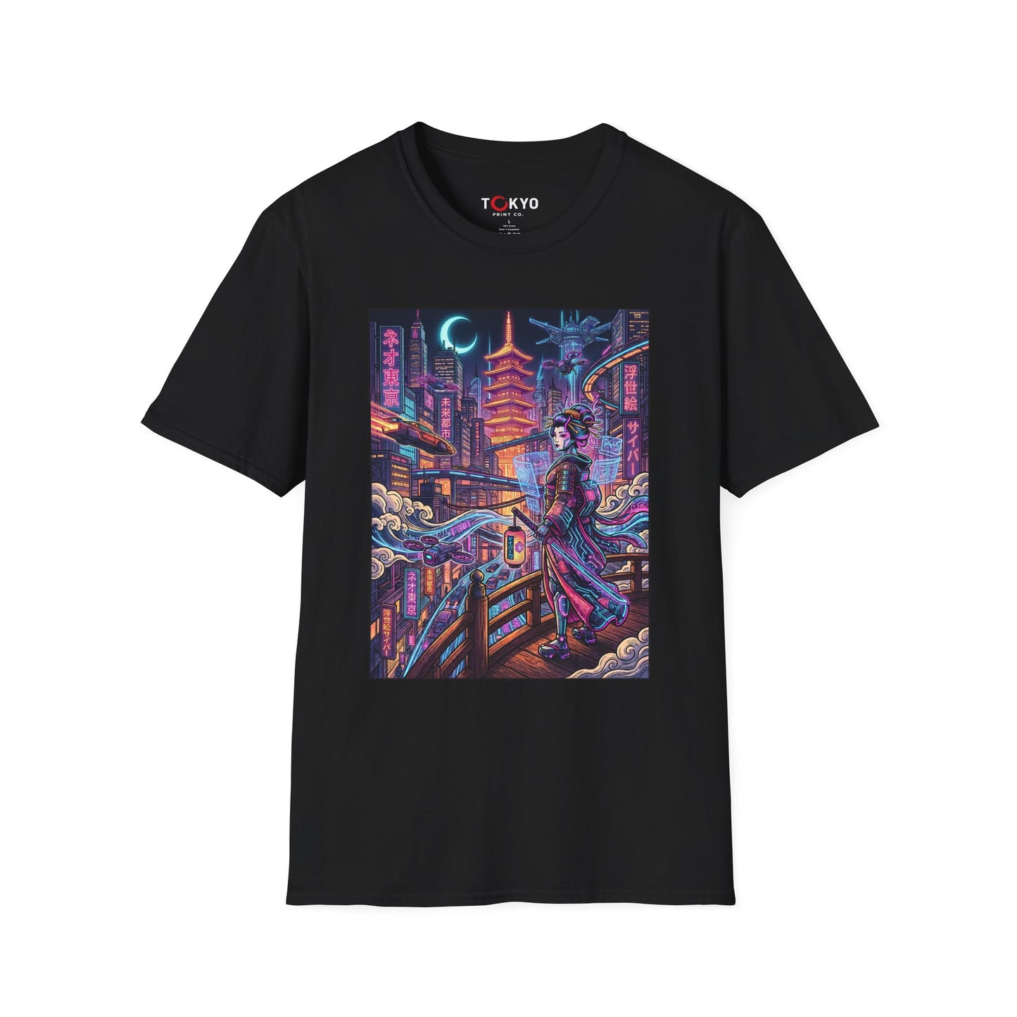 Tokyo Cyberpunk Geisha T-Shirt — Neon City Nightscape Tee