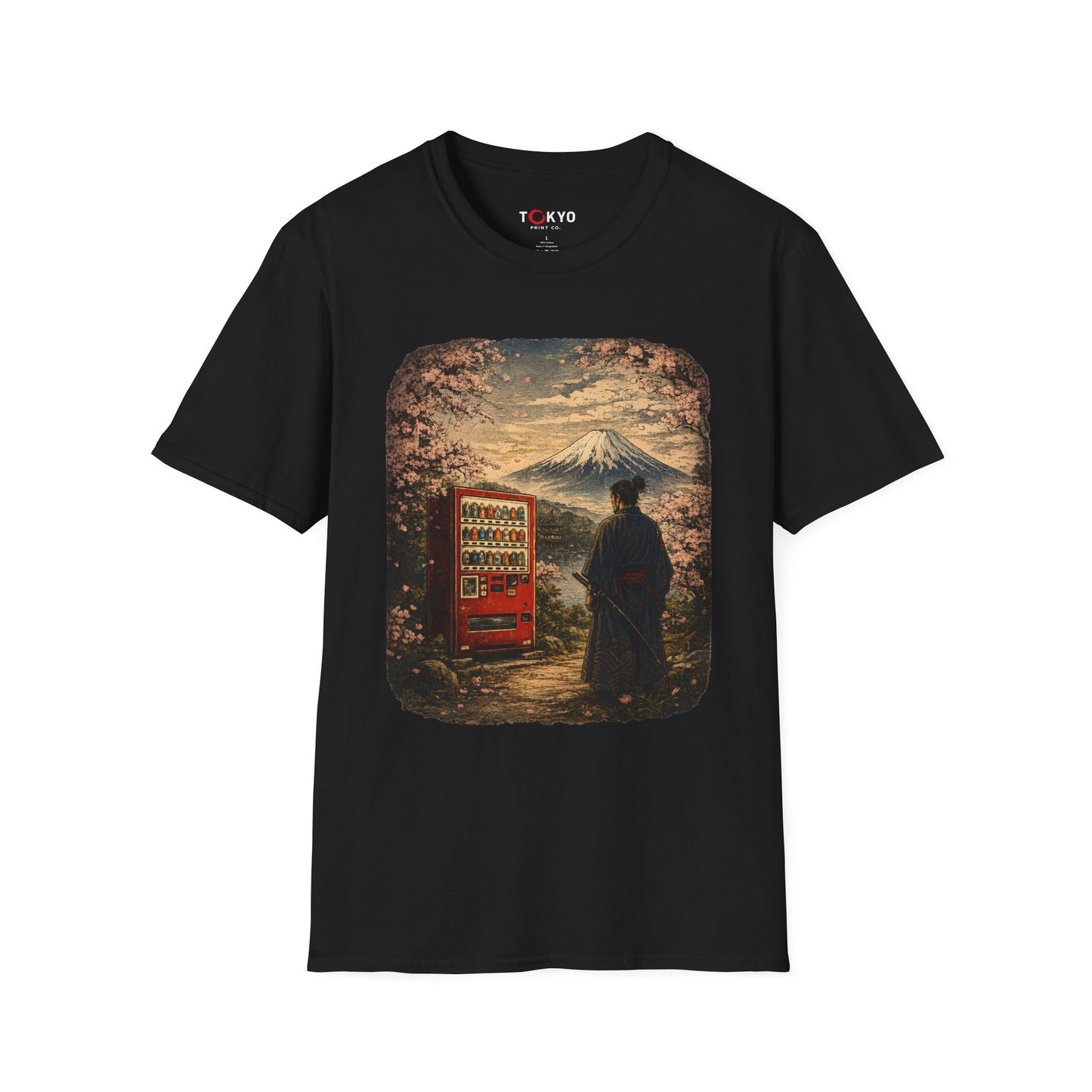 T-Shirt — Vintage Japan Scene: Mount Fuji, Sakura & Vending Machine Graphic