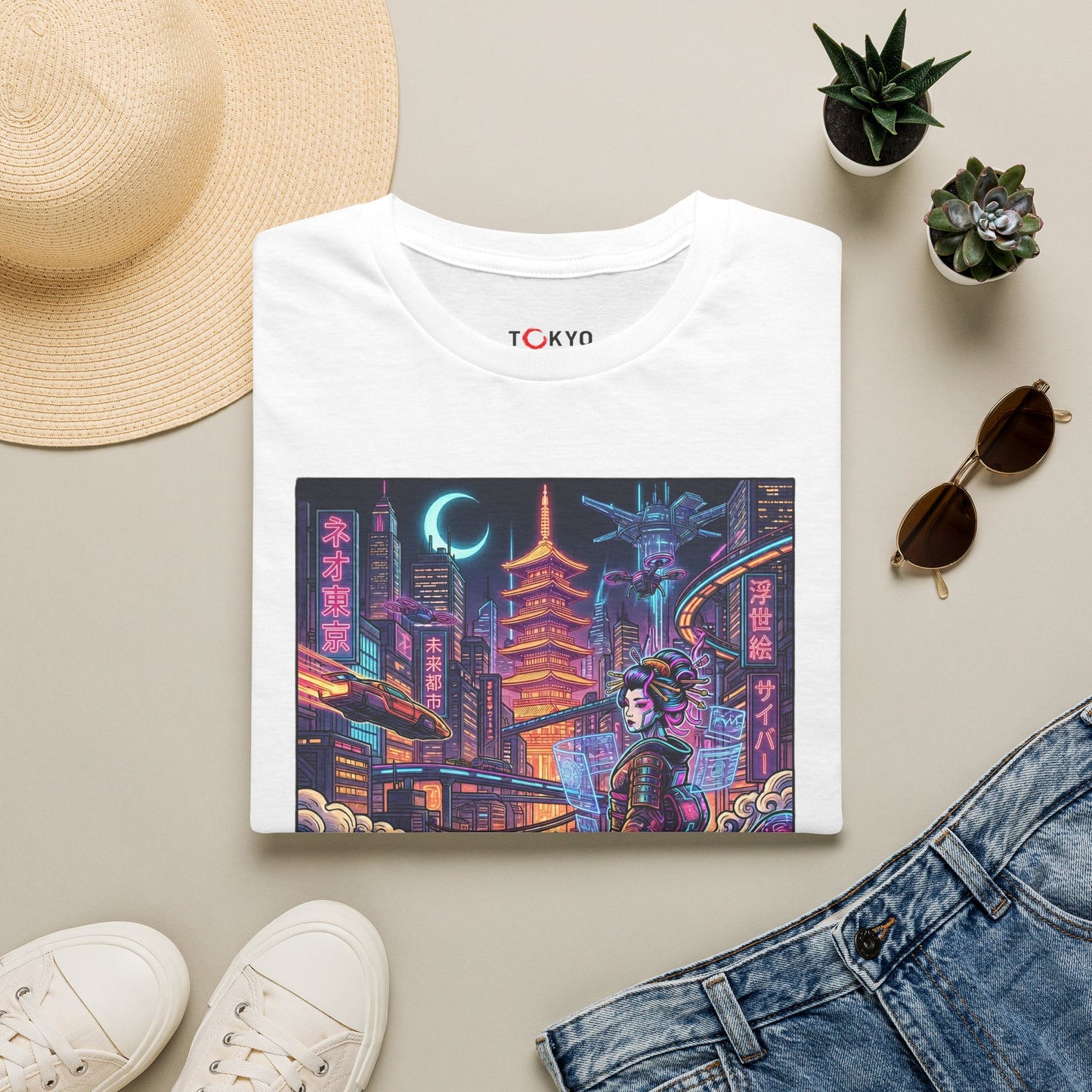 Tokyo Cyberpunk Geisha T-Shirt — Neon City Nightscape Tee