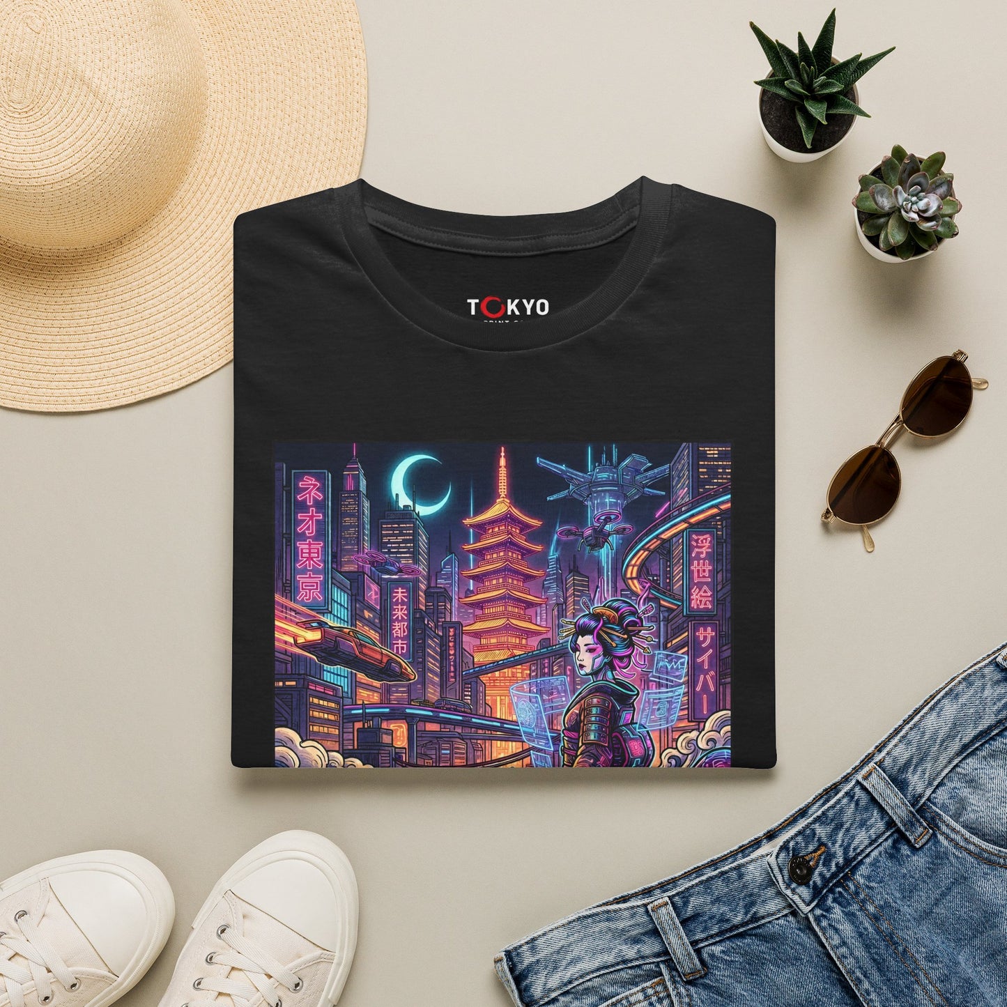 Tokyo Cyberpunk Geisha T-Shirt — Neon City Nightscape Tee