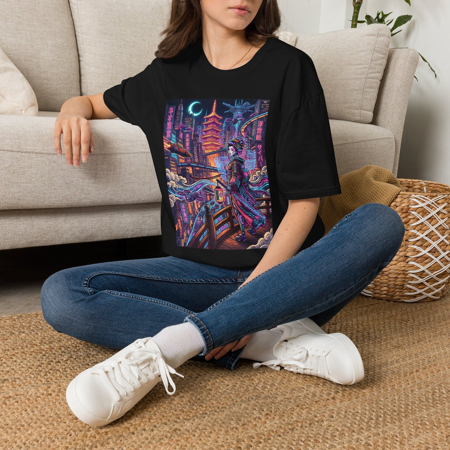 Tokyo Cyberpunk Geisha T-Shirt — Neon City Nightscape Tee