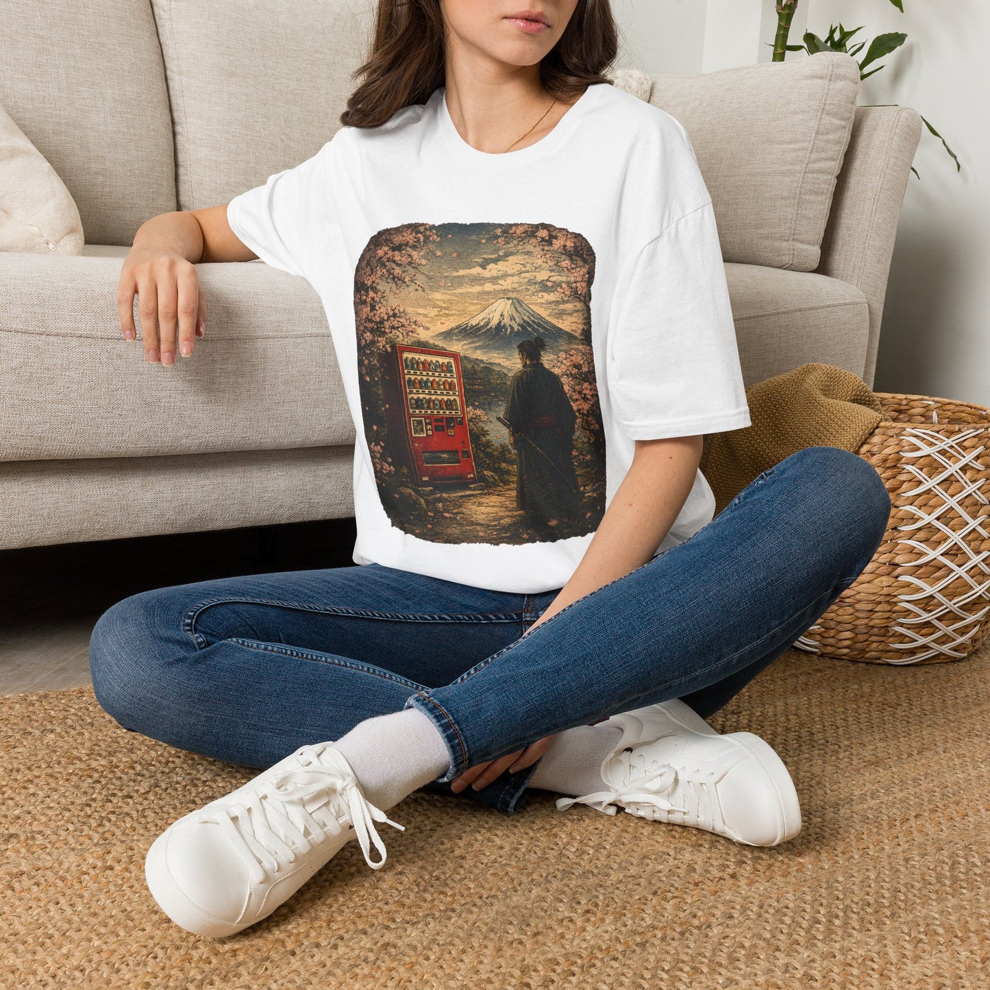 T-Shirt — Vintage Japan Scene: Mount Fuji, Sakura & Vending Machine Graphic